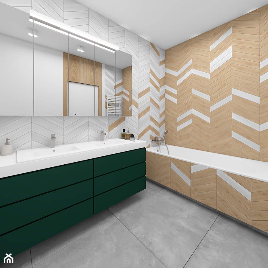 Drewno i zieleń - Duża bez okna z dwoma umywalkami łazienka, styl minimalistyczny - zdjęcie od Fabryka Nastroju Izabela Szewc