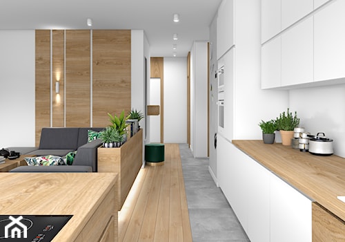 Drewno i zieleń - Średni szary salon z kuchnią z jadalnią z bibiloteczką, styl minimalistyczny - zdjęcie od Fabryka Nastroju Izabela Szewc