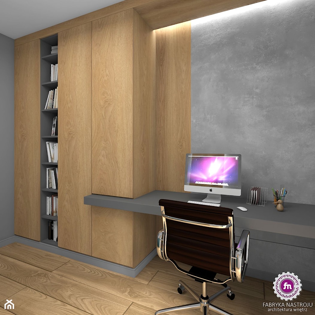 Dom z betonem - Średnie w osobnym pomieszczeniu z zabudowanym biurkiem szare biuro, styl minimalistyczny - zdjęcie od Fabryka Nastroju Izabela Szewc - Homebook