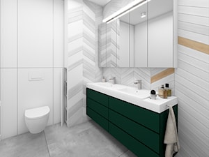 Drewno i zieleń - Średnia bez okna z lustrem z dwoma umywalkami z punktowym oświetleniem łazienka, styl skandynawski - zdjęcie od Fabryka Nastroju Izabela Szewc