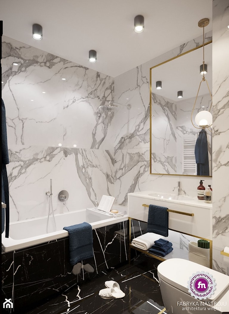Mieszkanie w stylu glamour - Mała bez okna z lustrem z marmurową podłogą z punktowym oświetleniem łazienka, styl skandynawski - zdjęcie od Fabryka Nastroju Izabela Szewc - Homebook