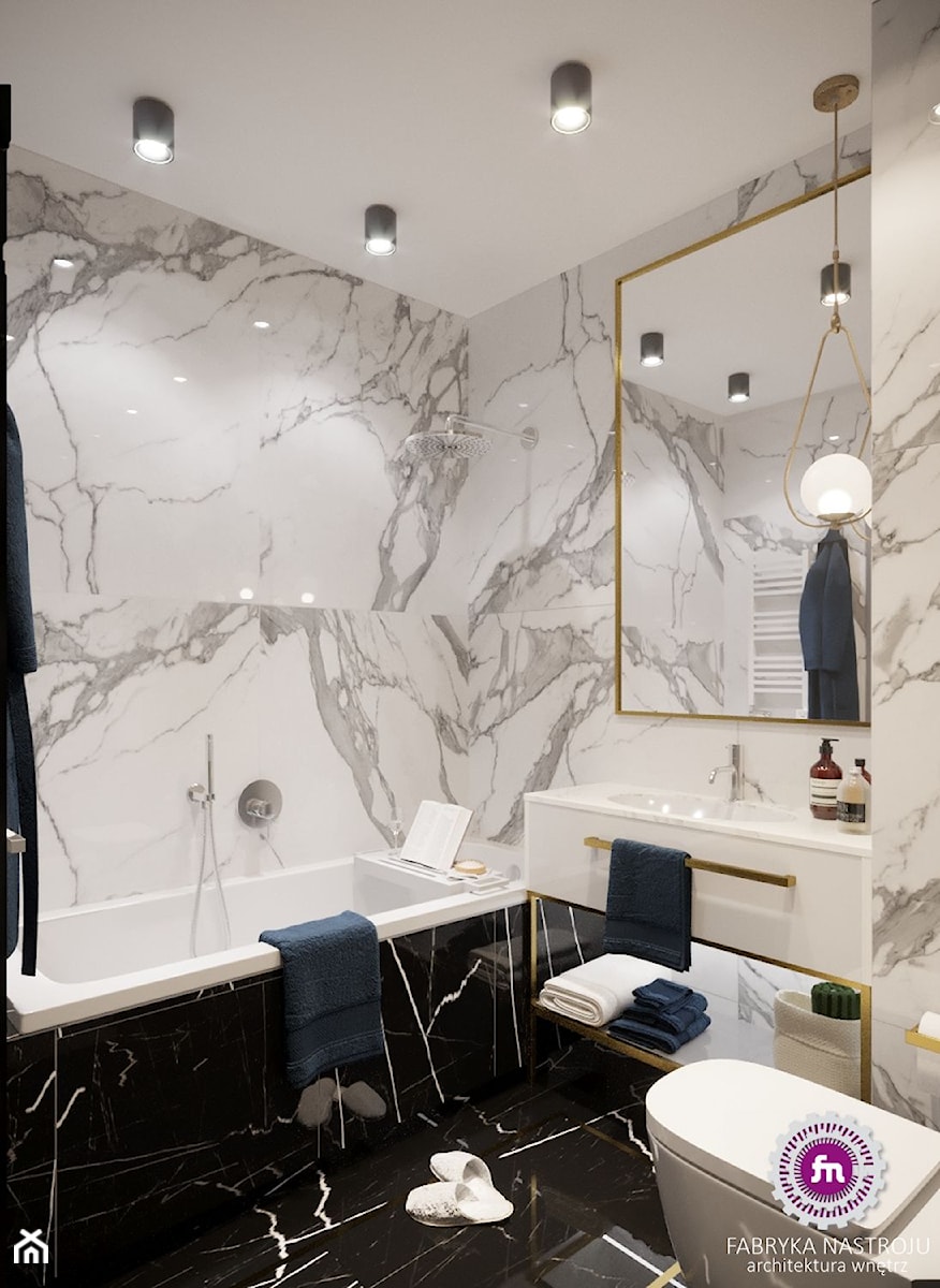 Mieszkanie w stylu glamour - Mała bez okna z lustrem z marmurową podłogą z punktowym oświetleniem łazienka, styl skandynawski - zdjęcie od Fabryka Nastroju Izabela Szewc