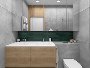 Drewno i zieleń - Mała bez okna z lustrem z dwoma umywalkami z punktowym oświetleniem łazienka, styl skandynawski - zdjęcie od Fabryka Nastroju Izabela Szewc