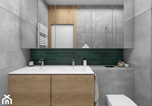 Drewno i zieleń - Mała bez okna z lustrem z dwoma umywalkami z punktowym oświetleniem łazienka, styl skandynawski - zdjęcie od Fabryka Nastroju Izabela Szewc