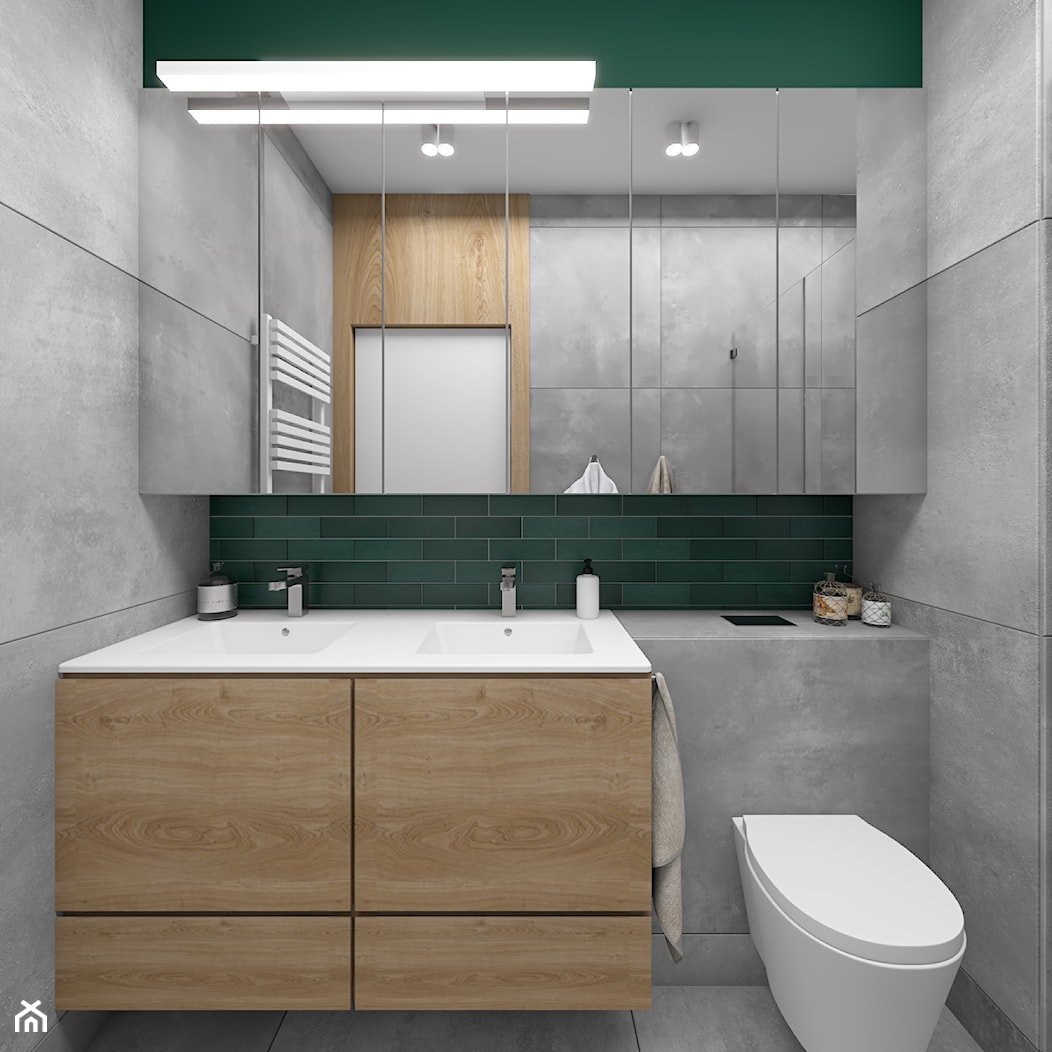 Drewno i zieleń - Mała bez okna z lustrem z dwoma umywalkami z punktowym oświetleniem łazienka, styl skandynawski - zdjęcie od Fabryka Nastroju Izabela Szewc - Homebook
