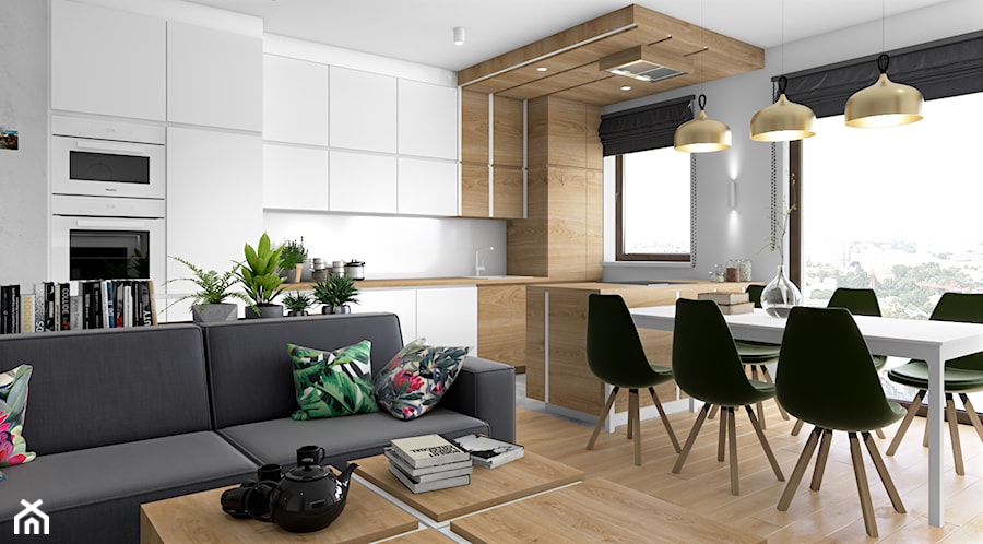 Drewno i zieleń - Mały szary salon z kuchnią z jadalnią, styl minimalistyczny - zdjęcie od Fabryka Nastroju Izabela Szewc