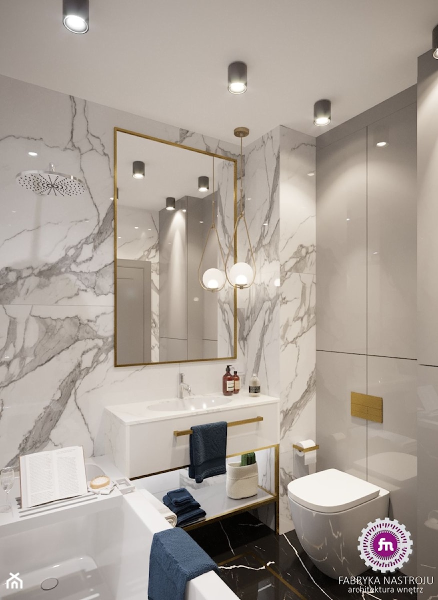 Mieszkanie w stylu glamour - Mała bez okna z lustrem z marmurową podłogą z punktowym oświetleniem łazienka, styl glamour - zdjęcie od Fabryka Nastroju Izabela Szewc