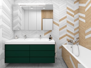Drewno i zieleń - Średnia bez okna z lustrem z dwoma umywalkami z punktowym oświetleniem łazienka, styl skandynawski - zdjęcie od Fabryka Nastroju Izabela Szewc