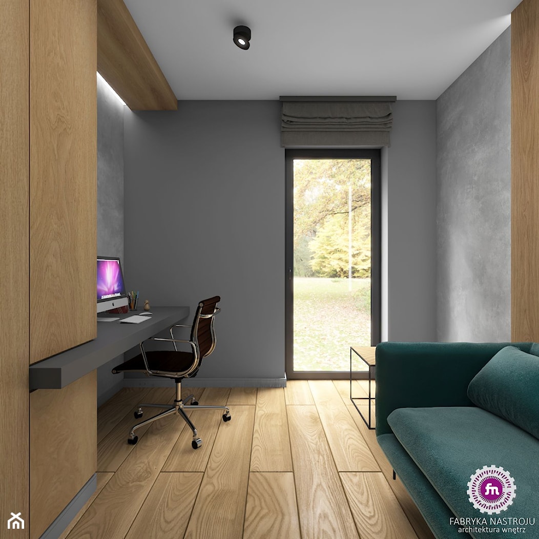 Dom z betonem - Średnie w osobnym pomieszczeniu z sofą z zabudowanym biurkiem szare biuro, styl skandynawski - zdjęcie od Fabryka Nastroju Izabela Szewc - Homebook