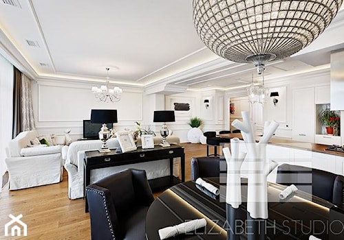 Wnętrza w stylu Modern Classic - Duży biały salon z kuchnią z jadalnią, styl glamour - zdjęcie od PRIMAVERA-HOME.COM