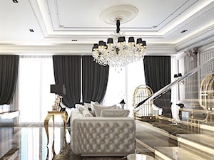 Wnętrza Glamour ze złotymi meblami ze stali oraz tapicerowanymi na zamówienie - Duży beżowy salon z tarasem / balkonem, styl glamour - zdjęcie od PRIMAVERA-HOME.COM