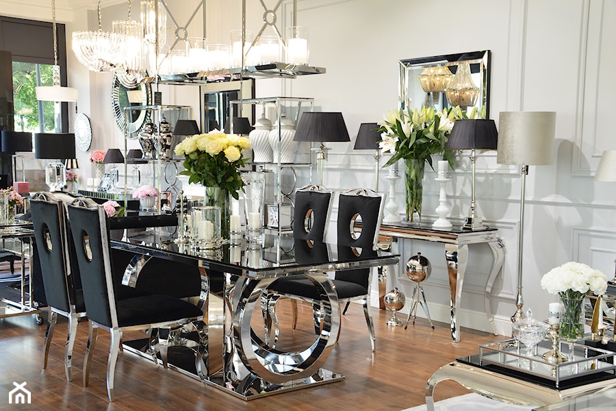 Stół i krzesła do jadalni ze stali w stylu Glamour i Nowoczesnym - Mały czarny szary salon z jadalnią, styl glamour - zdjęcie od PRIMAVERA-HOME.COM