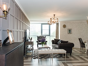 Wnętrza w Stylu Nowojorskim - Duży beżowy biały szary salon z jadalnią, styl glamour - zdjęcie od PRIMAVERA-HOME.COM