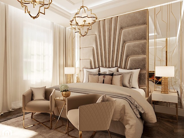 Złote meble i oświetlenie w salonie i sypialni w stylu Glamour i nowojorskim