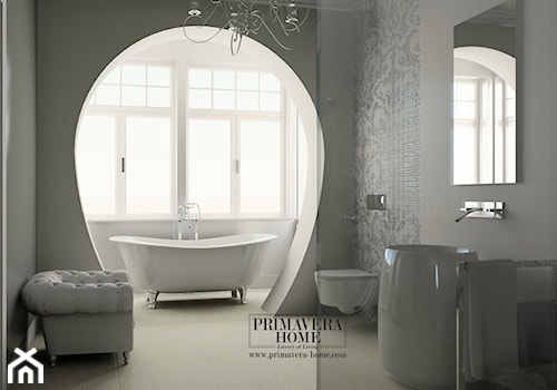Łazienka w stylu Glamour z obrazem z mozaiki - Średnia na poddaszu łazienka z oknem, styl minimalistyczny - zdjęcie od PRIMAVERA-HOME.COM