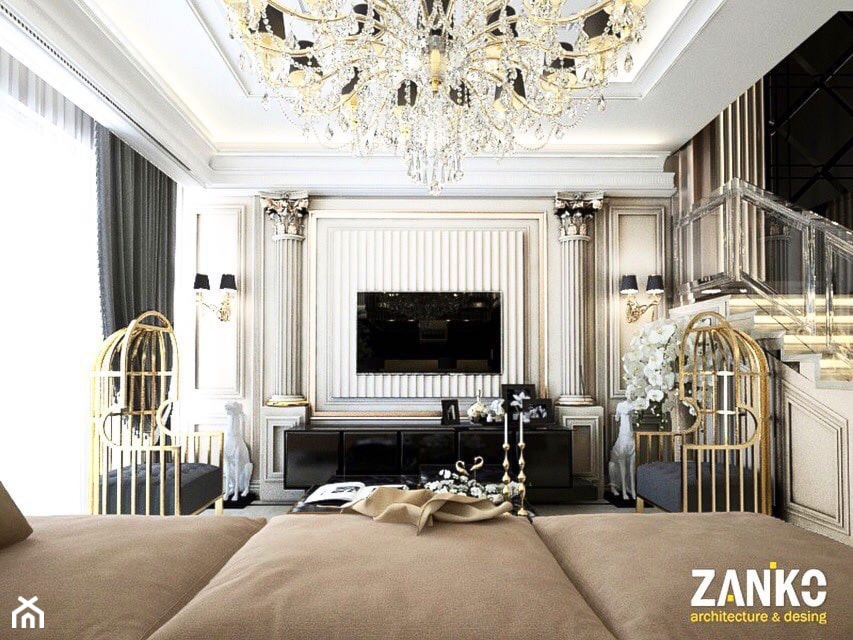Wnętrza Glamour ze złotymi meblami ze stali oraz tapicerowanymi na zamówienie - Duży beżowy salon, styl glamour - zdjęcie od PRIMAVERA-HOME.COM