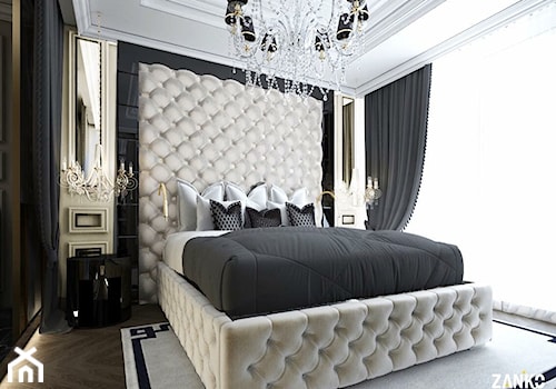 Wnętrza Glamour ze złotymi meblami ze stali oraz tapicerowanymi na zamówienie - Duża beżowa sypialnia, styl glamour - zdjęcie od PRIMAVERA-HOME.COM