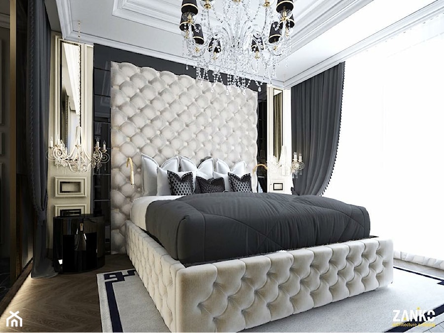 Wnętrza Glamour ze złotymi meblami ze stali oraz tapicerowanymi na zamówienie - Duża beżowa sypialnia, styl glamour - zdjęcie od PRIMAVERA-HOME.COM