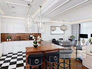 Wnętrza w stylu Modern Classic - Średnia otwarta biała z zabudowaną lodówką z podblatowym zlewozmywakiem kuchnia w kształcie litery g z wyspą lub półwyspem, styl glamour - zdjęcie od PRIMAVERA-HOME.COM