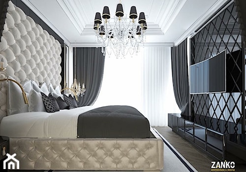 Wnętrza Glamour ze złotymi meblami ze stali oraz tapicerowanymi na zamówienie - Duża beżowa czarna sypialnia, styl glamour - zdjęcie od PRIMAVERA-HOME.COM