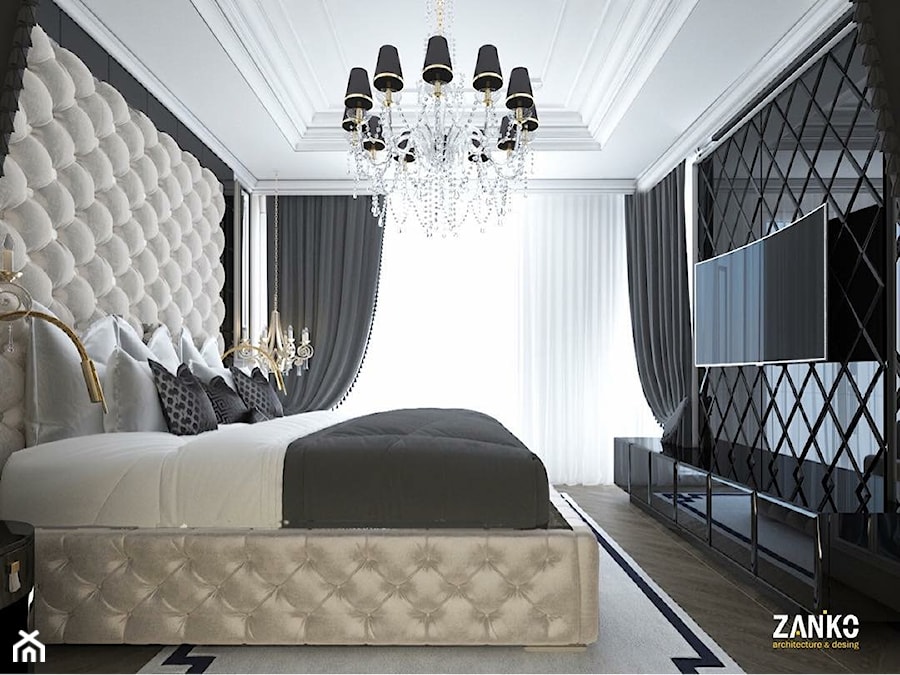Wnętrza Glamour ze złotymi meblami ze stali oraz tapicerowanymi na zamówienie - Duża beżowa czarna sypialnia, styl glamour - zdjęcie od PRIMAVERA-HOME.COM