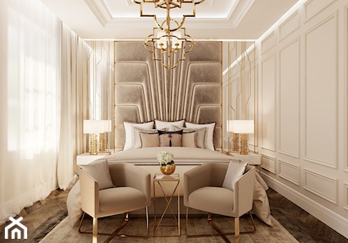 Złote meble i oświetlenie w salonie i sypialni w stylu Glamour i nowojorskim - Średnia beżowa sypialnia, styl glamour - zdjęcie od PRIMAVERA-HOME.COM