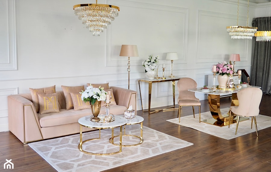Nowoczesny salon w stylu Glamour Nowojorskim - stolik kawowy, sofa, żyrandol, stół, krzesło, krzesła - zdjęcie od PRIMAVERA-HOME.COM
