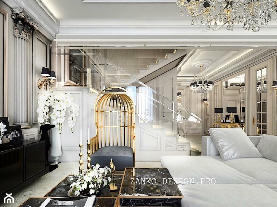 Wnętrza Glamour ze złotymi meblami ze stali oraz tapicerowanymi na zamówienie - Duży beżowy salon, styl glamour - zdjęcie od PRIMAVERA-HOME.COM