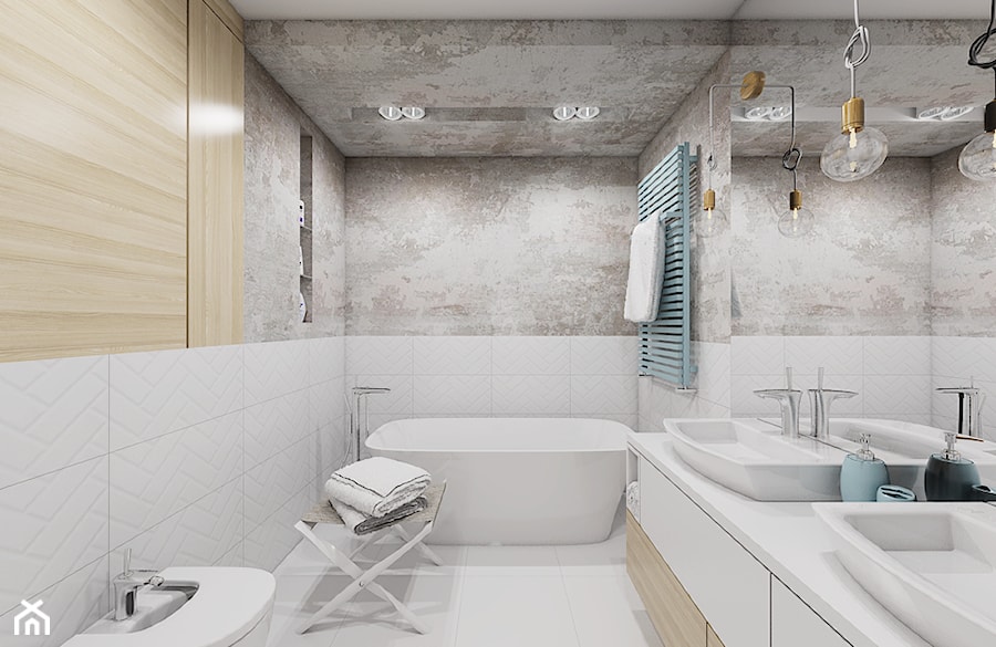 Burza piaskowa - Średnia bez okna z lustrem z dwoma umywalkami z punktowym oświetleniem łazienka, styl nowoczesny - zdjęcie od Creoline