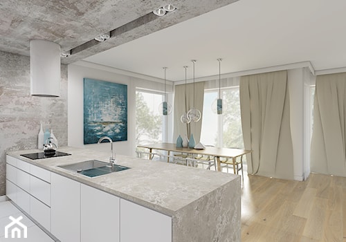Burza piaskowa - Średnia otwarta z kamiennym blatem biała szara z zabudowaną lodówką z nablatowym zlewozmywakiem kuchnia jednorzędowa z oknem, styl nowoczesny - zdjęcie od Creoline