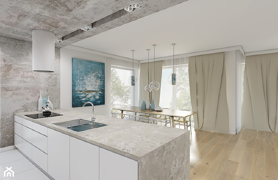 Burza piaskowa - Średnia otwarta z kamiennym blatem biała szara z zabudowaną lodówką z nablatowym zlewozmywakiem kuchnia jednorzędowa z oknem, styl nowoczesny - zdjęcie od Creoline