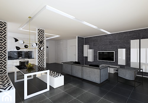 Sedno tkwi w detalach - Średni biały czarny szary salon z kuchnią z jadalnią, styl nowoczesny - zdjęcie od Creoline