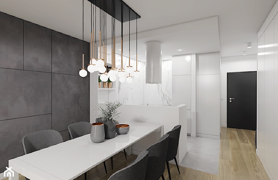 BIEL PONAD WSZYSTKO - Średnia otwarta z salonem biała szara z zabudowaną lodówką kuchnia w kształcie litery u, styl nowoczesny - zdjęcie od Creoline