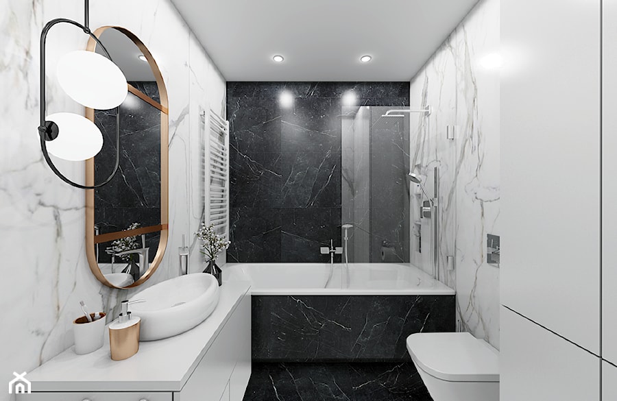 BIEL PONAD WSZYSTKO - Mała bez okna z lustrem z marmurową podłogą z punktowym oświetleniem łazienka, styl glamour - zdjęcie od Creoline