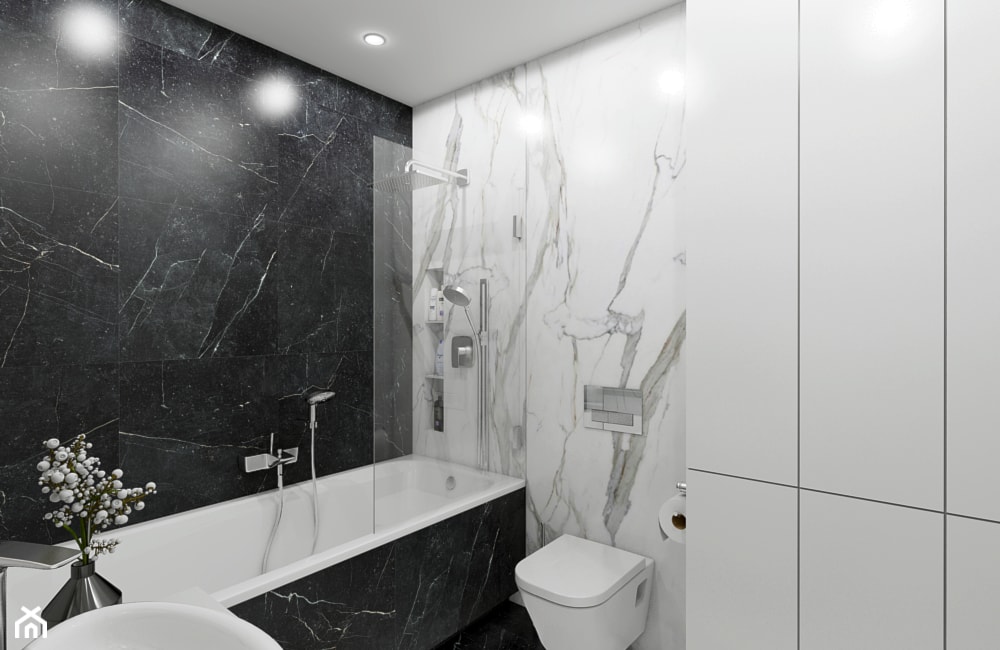 BIEL PONAD WSZYSTKO - Mała bez okna z marmurową podłogą z punktowym oświetleniem łazienka, styl glamour - zdjęcie od Creoline - Homebook