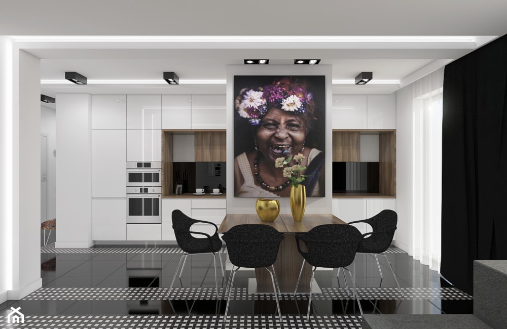 Lustrzane Odbicie - Duża otwarta biała czarna z zabudowaną lodówką kuchnia jednorzędowa z oknem, styl nowoczesny - zdjęcie od Creoline - Homebook