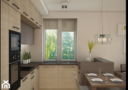 Mieszkanie Bacieczki - Średnia otwarta z salonem beżowa z zabudowaną lodówką z podblatowym zlewozmywakiem kuchnia w kształcie litery l, styl minimalistyczny - zdjęcie od Anna Wrona