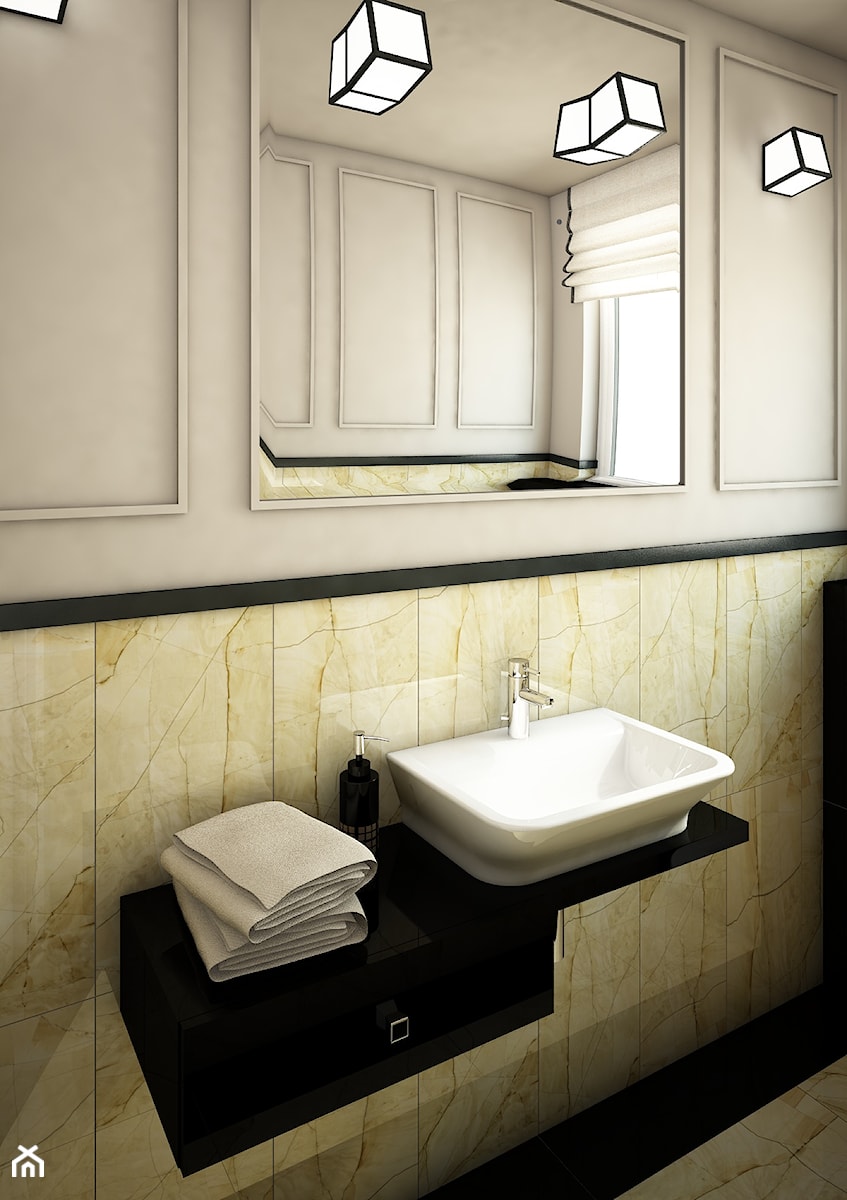 Łazienka Art Deco - Mała z lustrem z marmurową podłogą łazienka z oknem, styl glamour - zdjęcie od Anna Wrona