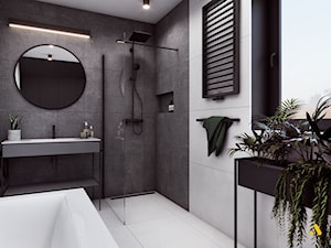 łazienka z okrągłym lustrem - zdjęcie od Studio Projektowe Atoato