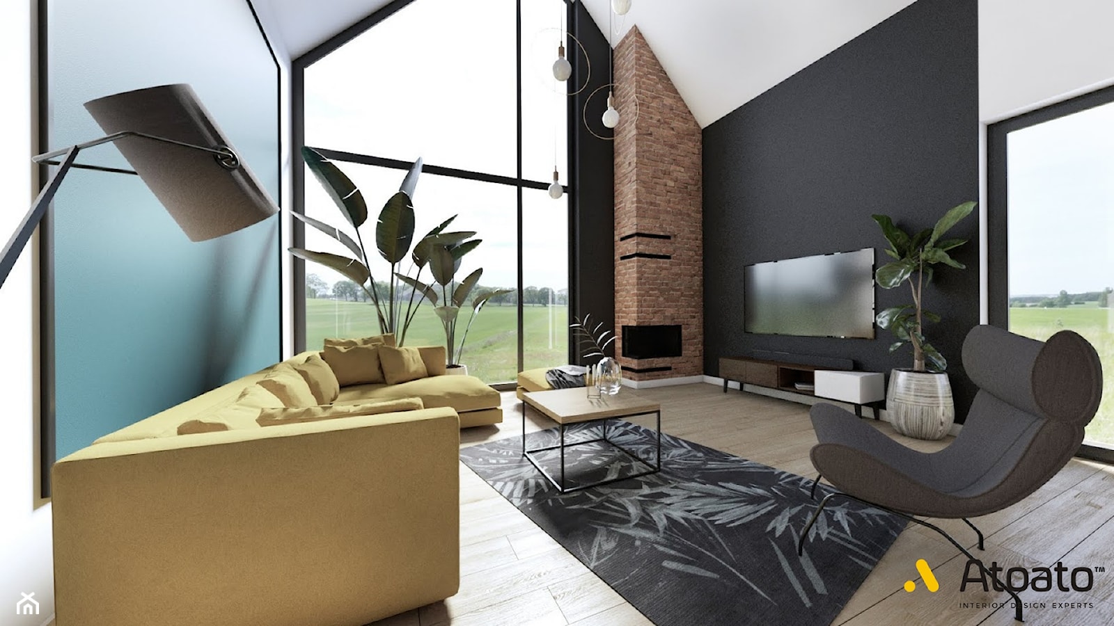 salon z wysokimi oknami i antersolą - zdjęcie od Studio Projektowe Atoato - Homebook