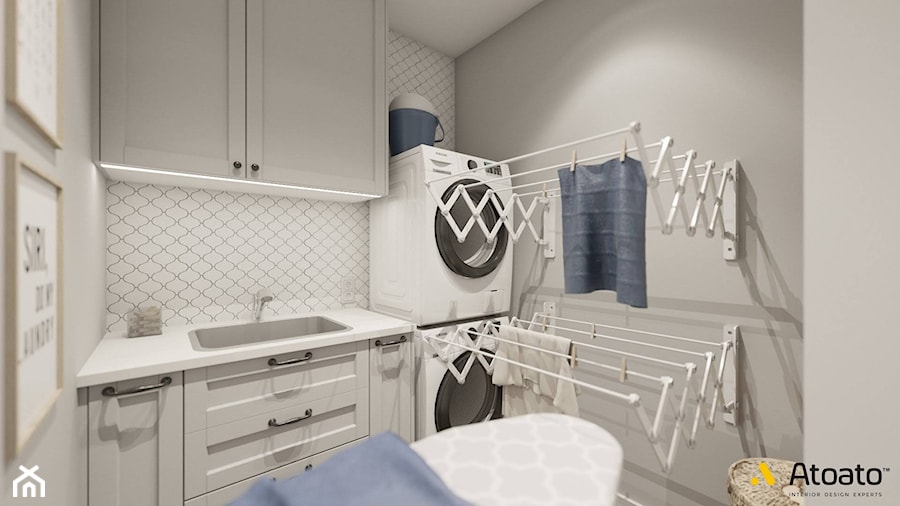 Jasnoszara pralnia ze składanymi suszarkami - zdjęcie od Studio Projektowe Atoato