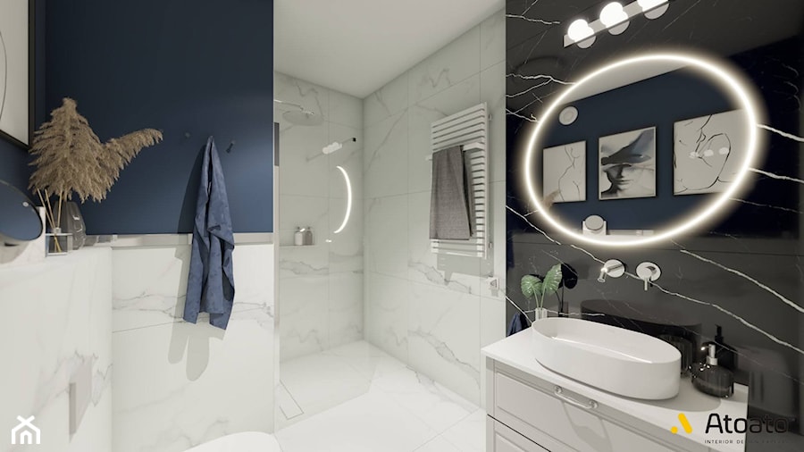 Duża łazienka z owalnym podświetlanym lustrem - zdjęcie od Studio Projektowe Atoato
