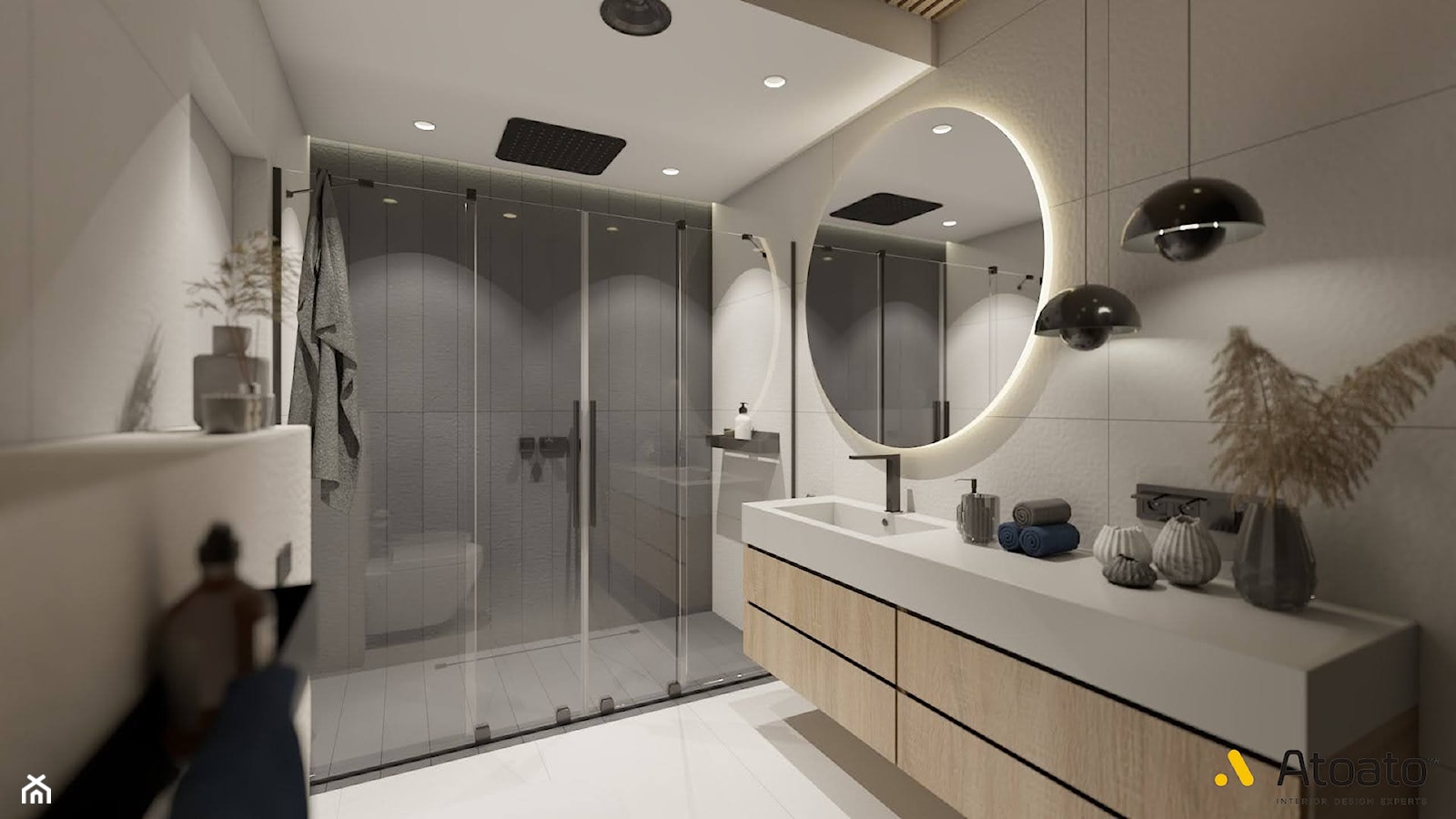 Łazienka z okrągłym podświetlanym lustrem - zdjęcie od Studio Projektowe Atoato - Homebook