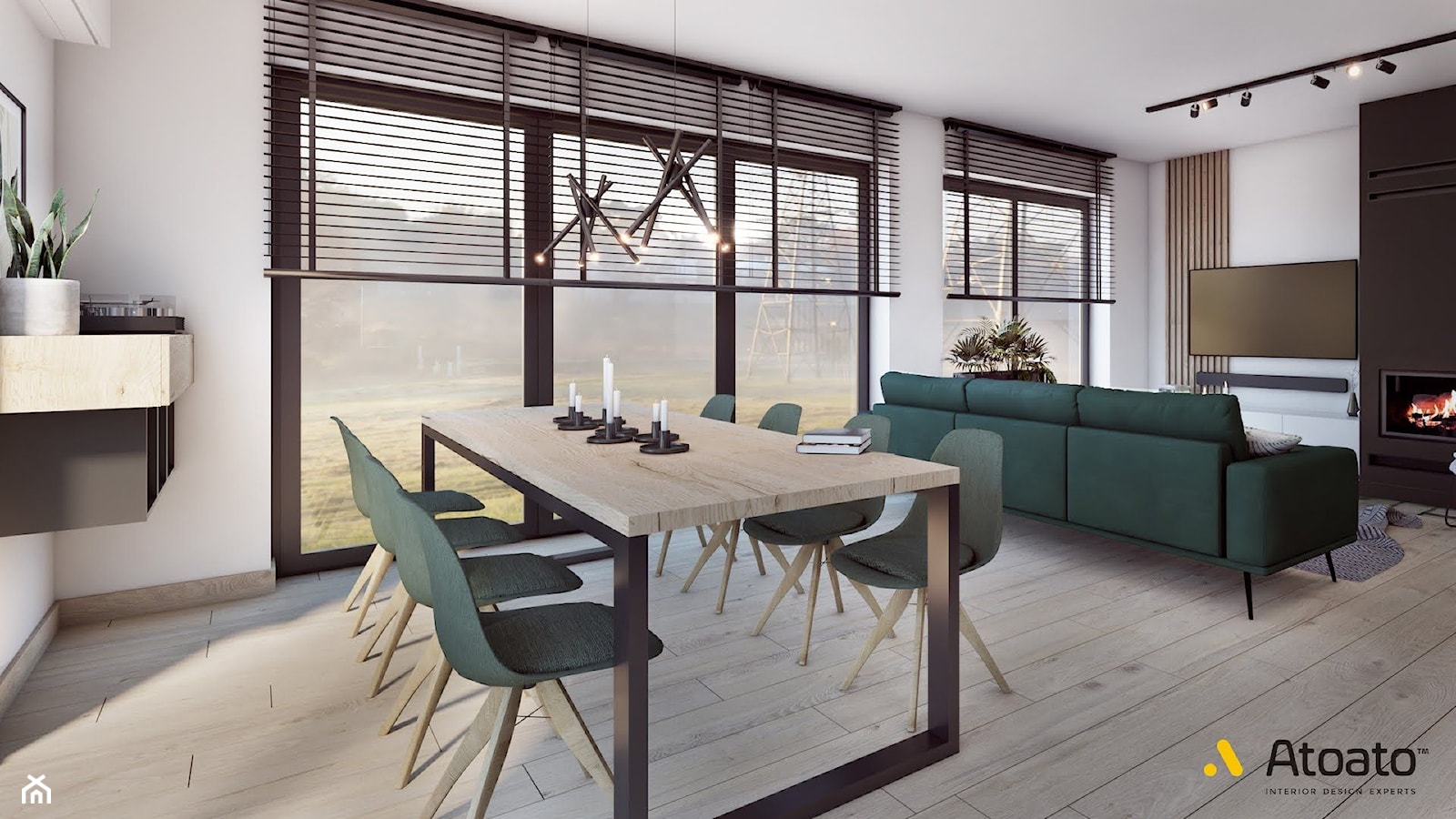 salon z jadalnia i drewnianym stołem - zdjęcie od Studio Projektowe Atoato - Homebook