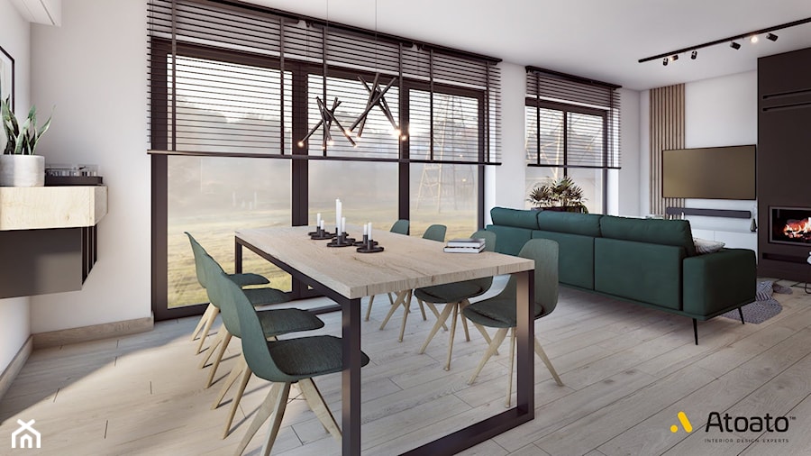 salon z jadalnia i drewnianym stołem - zdjęcie od Studio Projektowe Atoato