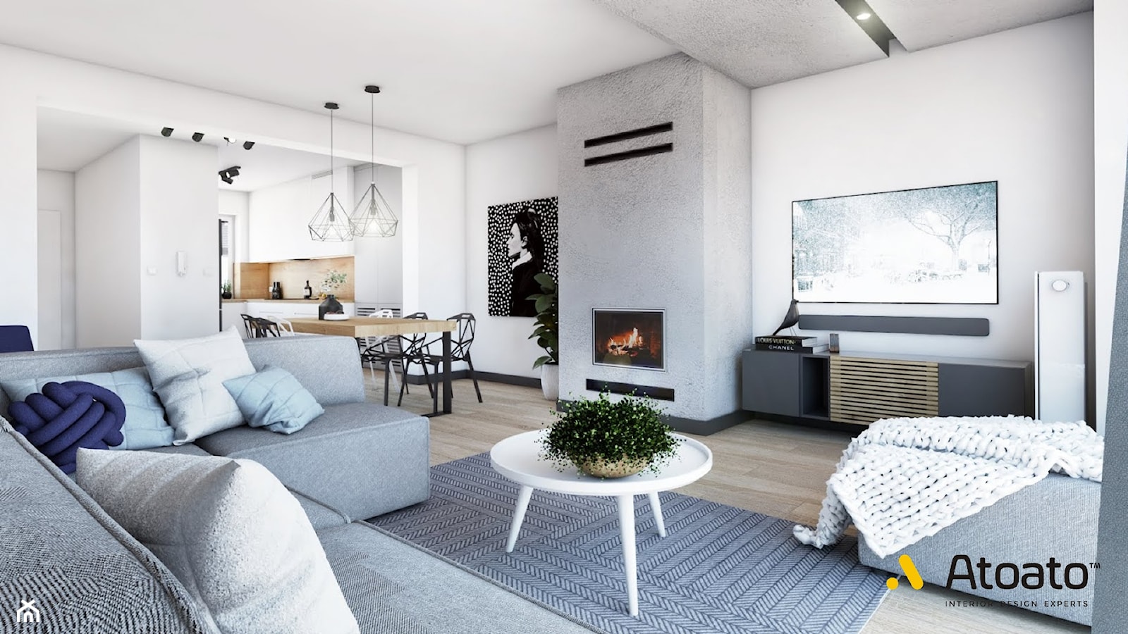 salon z kominkiem obudowanym betonem - zdjęcie od Studio Projektowe Atoato - Homebook