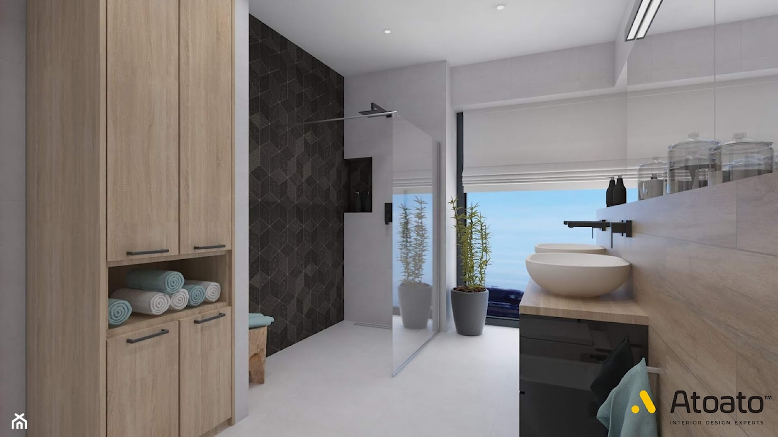 łazienka z czarnym dekorem pod prysznicem - zdjęcie od Studio Projektowe Atoato - Homebook