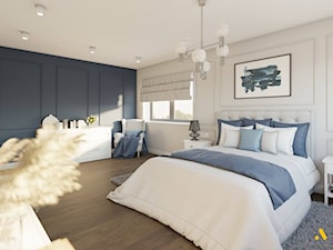 Biała sypialnia z granatową ścianą - zdjęcie od Studio Projektowe Atoato