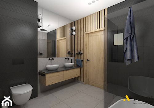 łazienka z drewnianymi raszkami - zdjęcie od Studio Projektowe Atoato