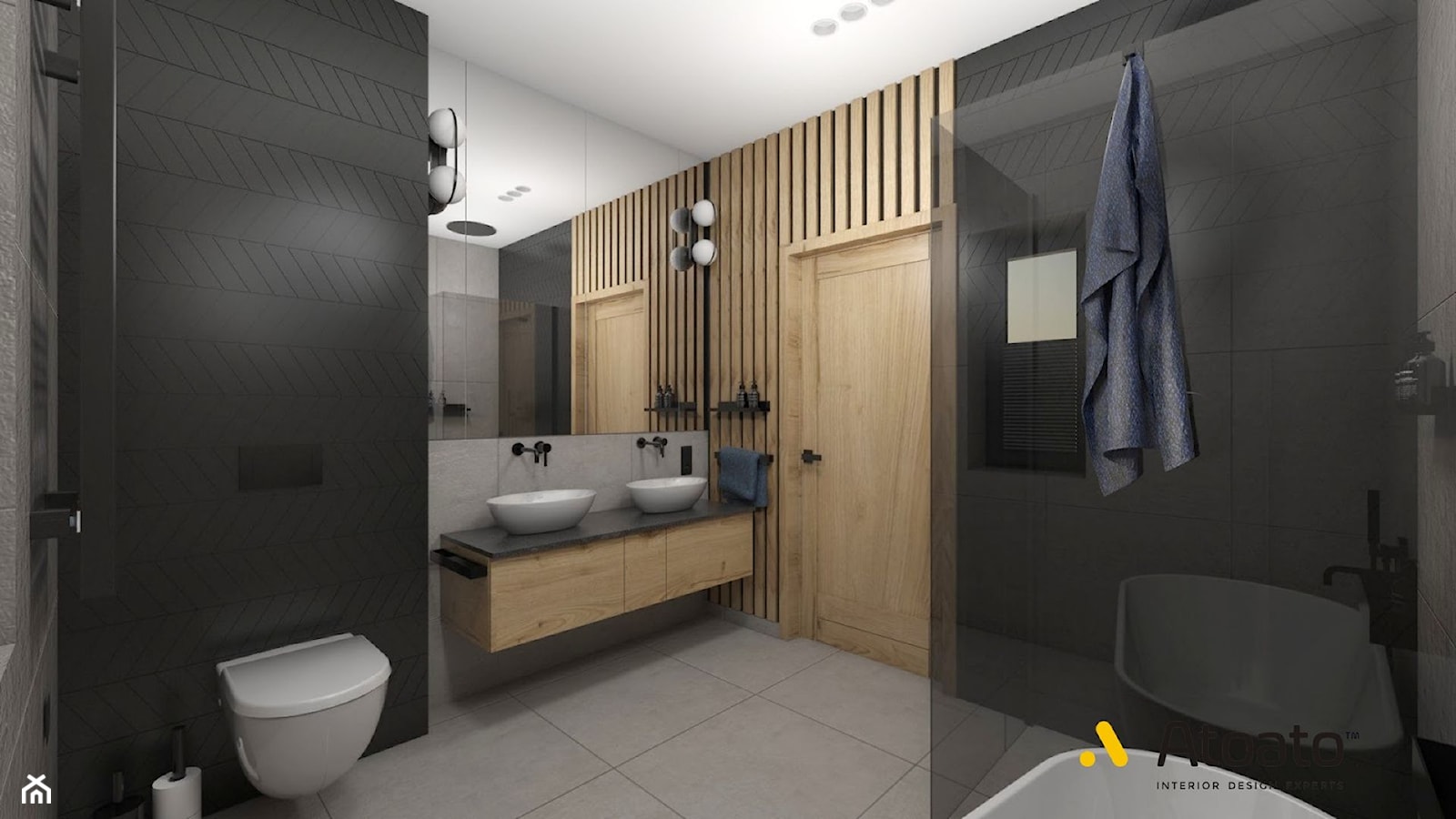 łazienka z drewnianymi raszkami - zdjęcie od Studio Projektowe Atoato - Homebook